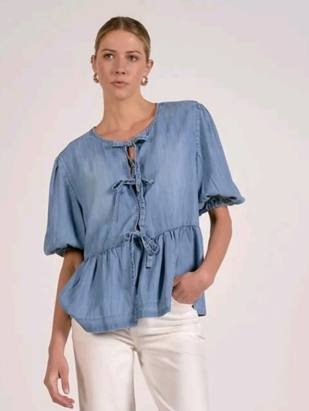 Elan Light Blue Tie-Front Peplum Top